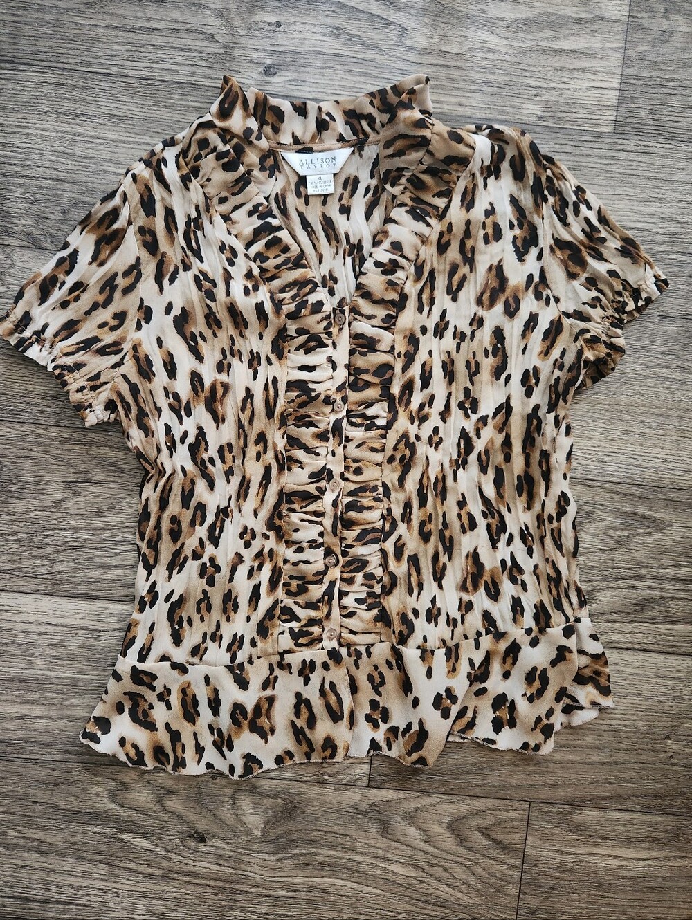 Allison Taylor Y2K Crinkled Plisse Leopard Print Ruffle Blouse Size XL